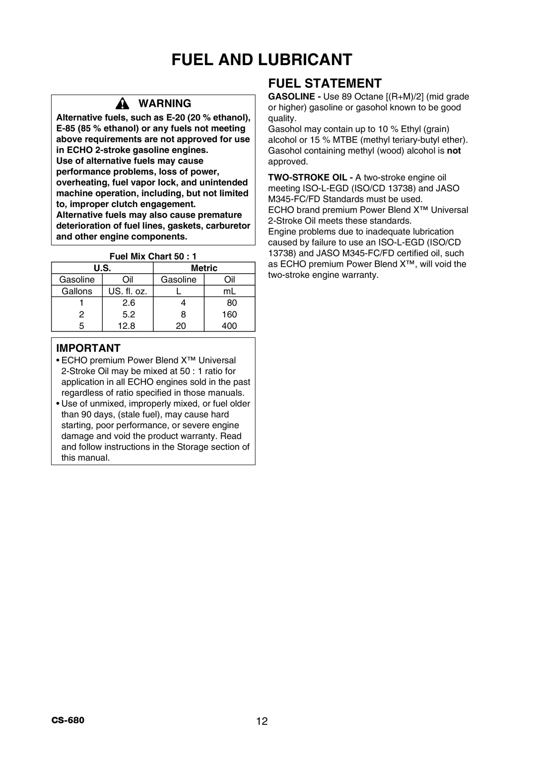 Echo CS-680 instruction manual Fuel And Lubricant, Fuel Statement, Fuel Mix Chart 50, Metric 