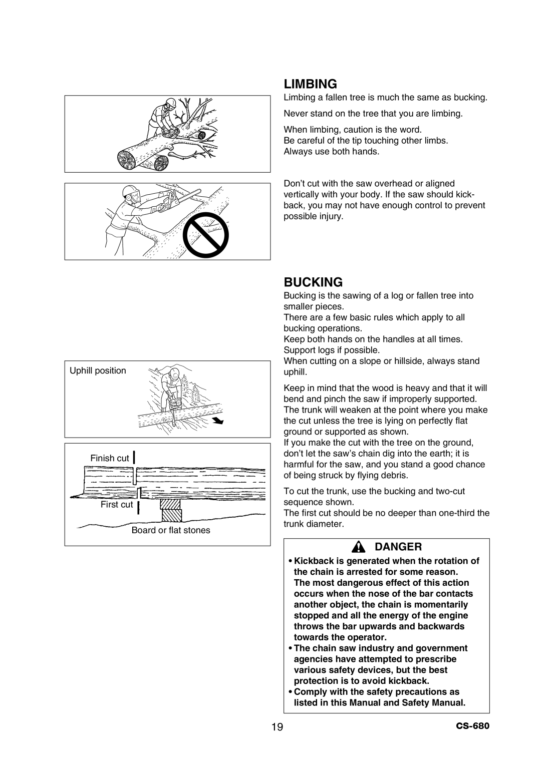 Echo CS-680 instruction manual Limbing, Bucking, Danger 