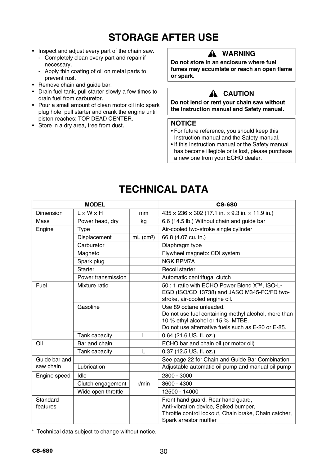 Echo CS-680 instruction manual Storage After Use, Technical Data, Model 