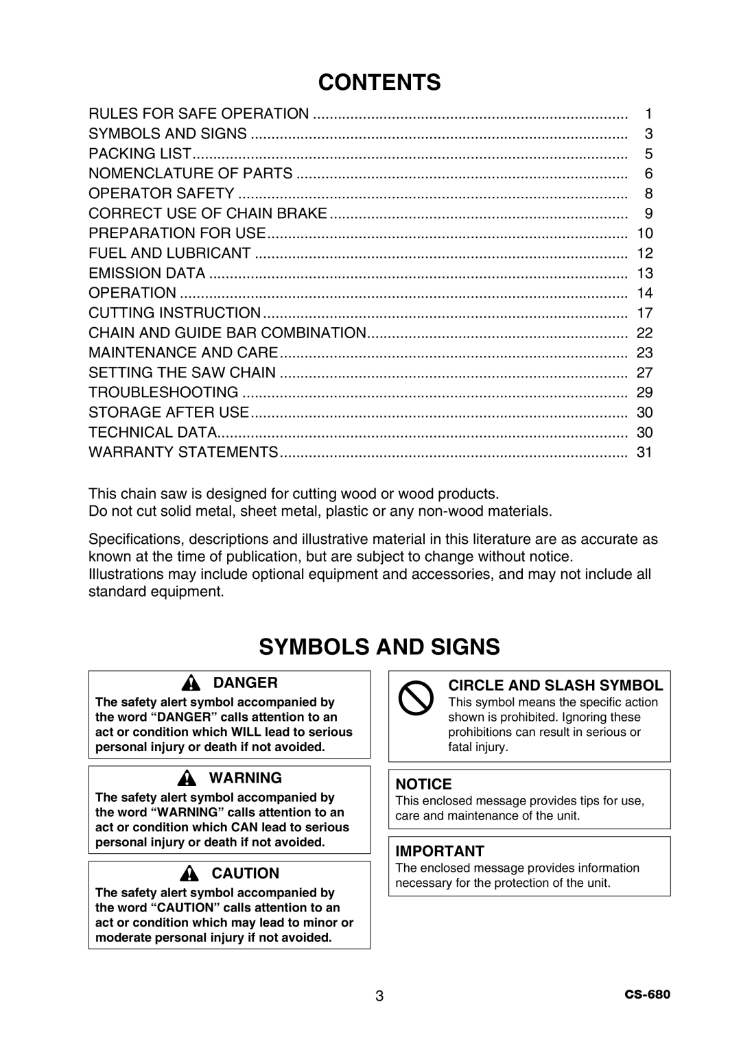 Echo CS-680 instruction manual Contents, Symbols And Signs, Danger, Circle And Slash Symbol 