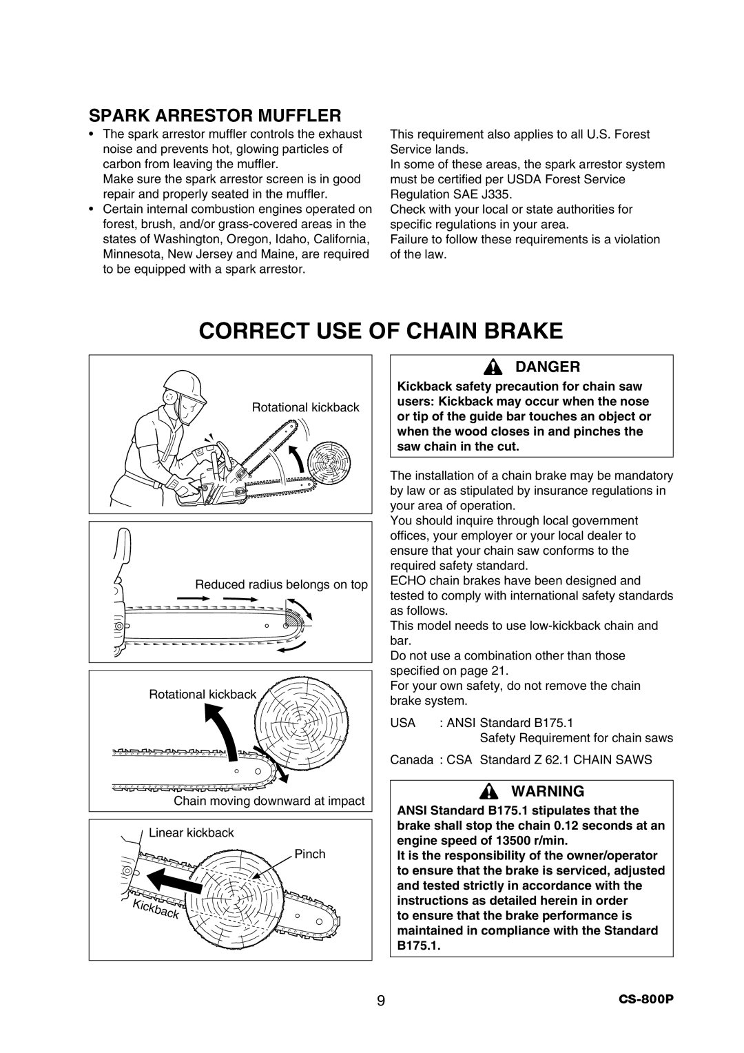 Echo CS-800P Correct USE of Chain Brake, Spark Arrestor Muffler, Ansi Standard B175.1, Safety Requirement for chain saws 