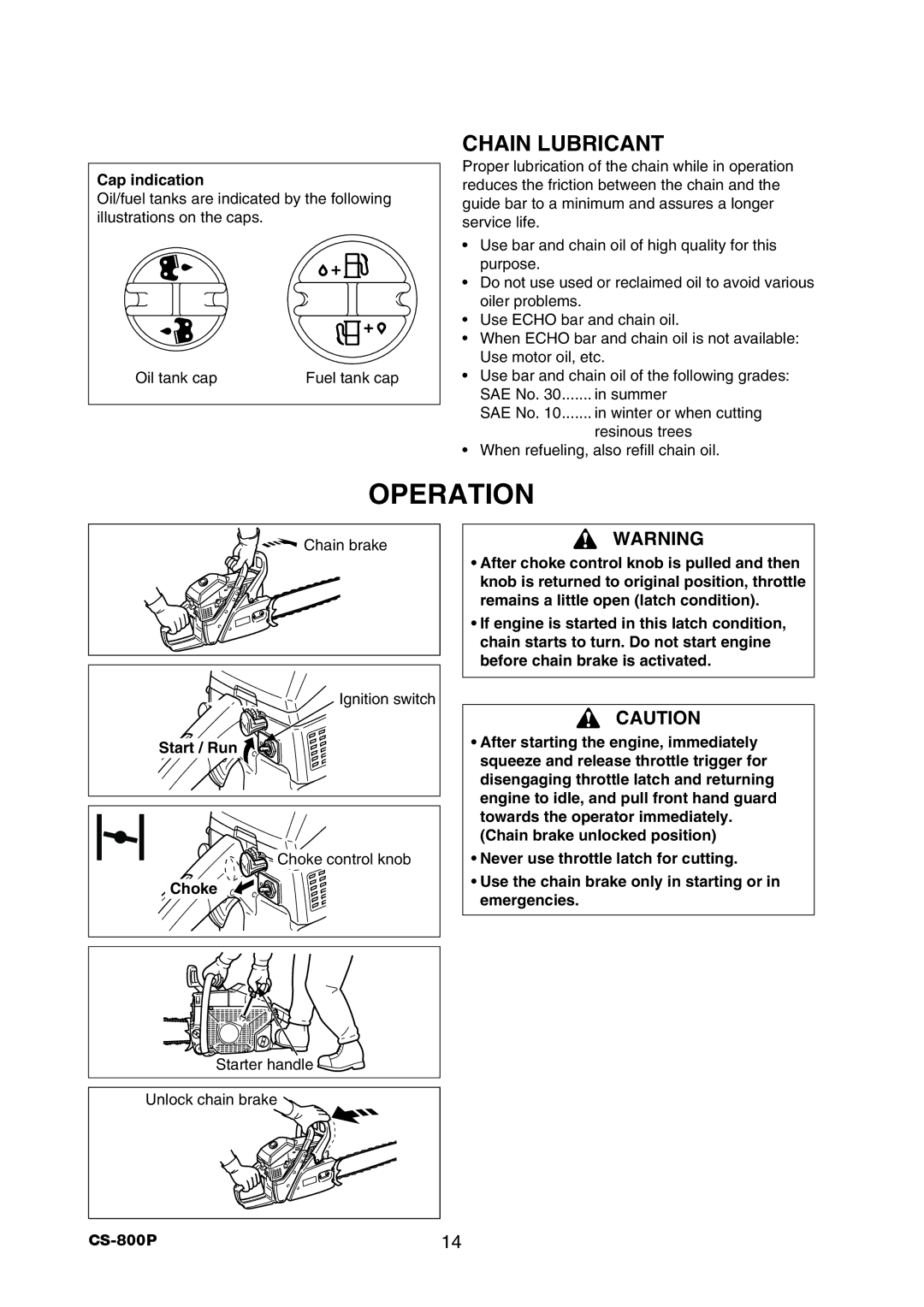 Echo CS-800P instruction manual Operation, Chain Lubricant, Cap indication, Start / Run, Choke 