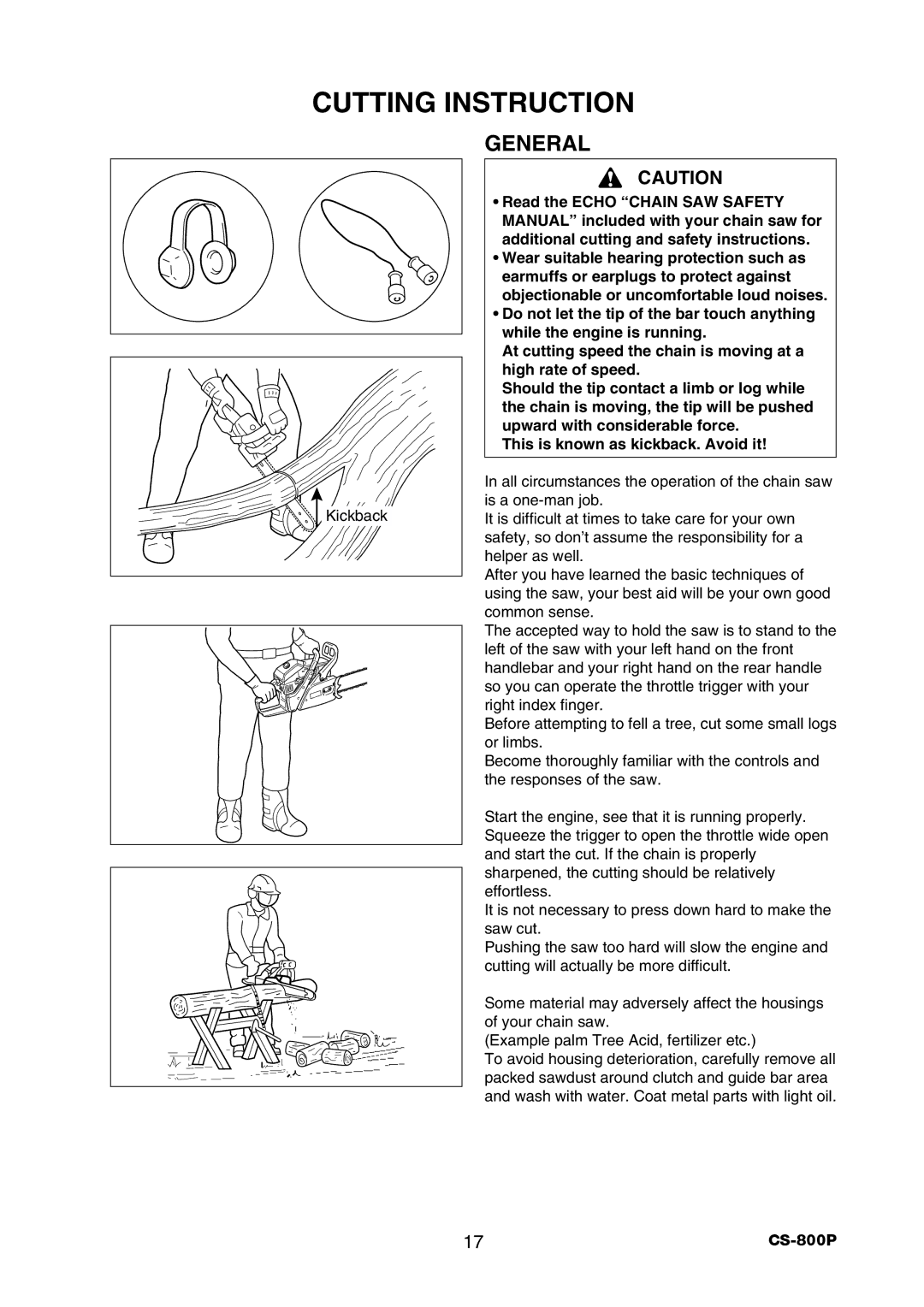 Echo CS-800P instruction manual Cutting Instruction, General, Kickback 