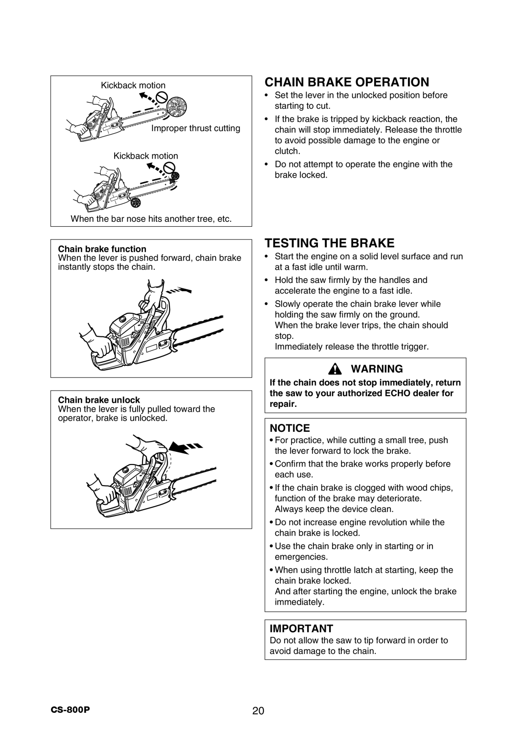 Echo CS-800P instruction manual Chain Brake Operation, Testing the Brake, Chain brake function, Chain brake unlock 