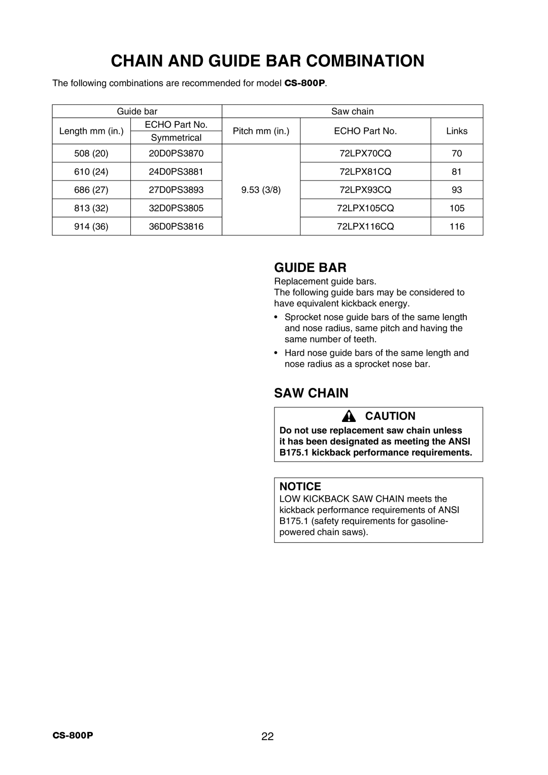 Echo CS-800P instruction manual Chain and Guide BAR Combination, SAW Chain 