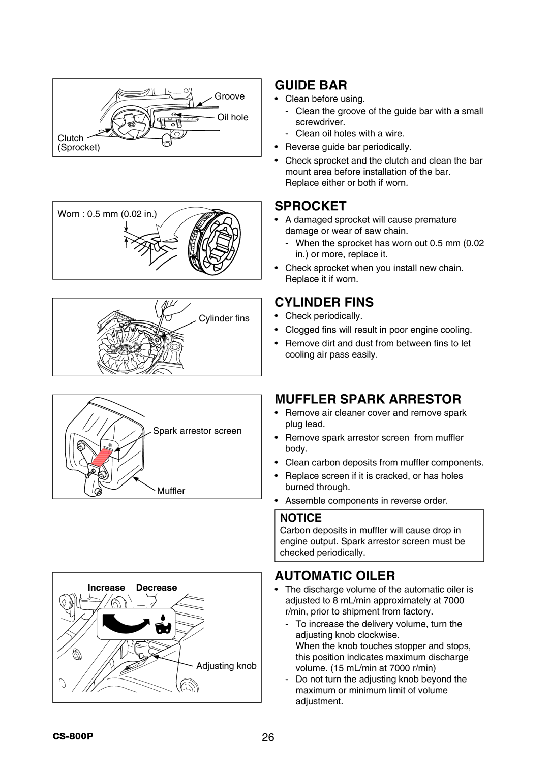 Echo CS-800P instruction manual Sprocket, Cylinder Fins, Muffler Spark Arrestor, Automatic Oiler, Increase Decrease 