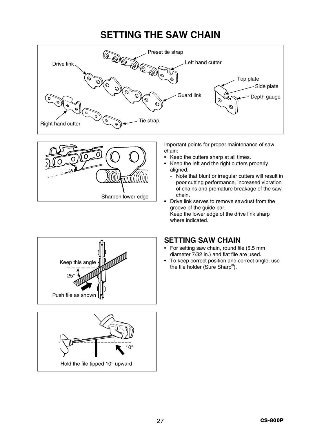 Echo CS-800P instruction manual Setting the SAW Chain, Setting SAW Chain, Hold the ﬁle tipped 10 upward 