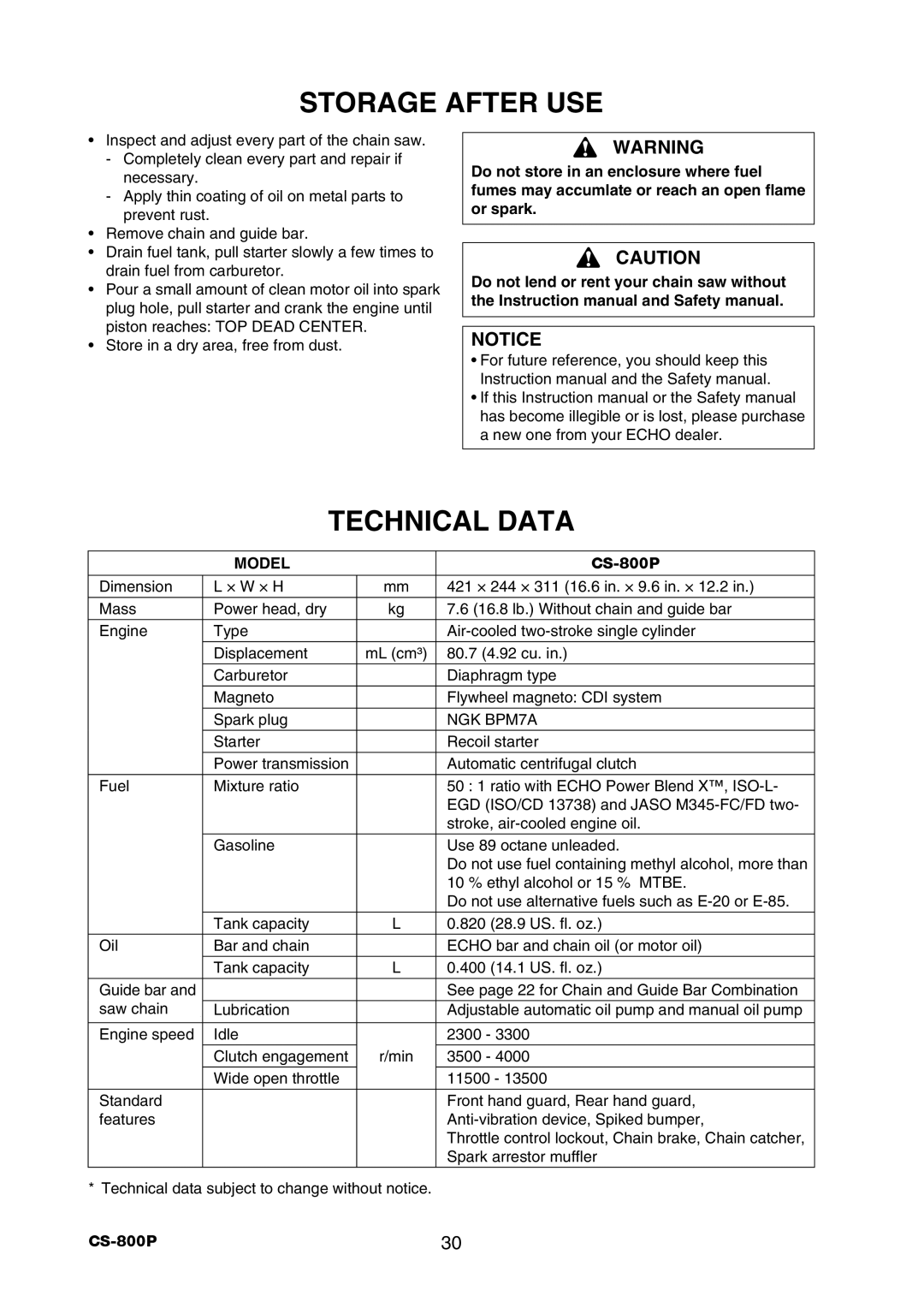 Echo CS-800P instruction manual Storage After USE, Technical Data, Ss 3TOREOIN a DRY Area Freerfrom DUST 