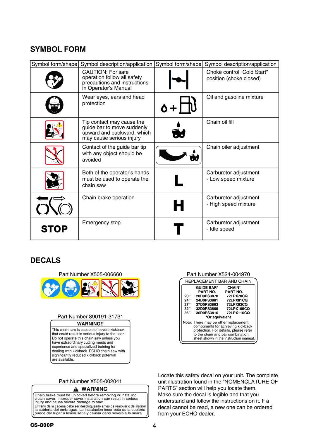 Echo CS-800P instruction manual Stop, Symbol Form, Decals, Idle speed, Part Number 