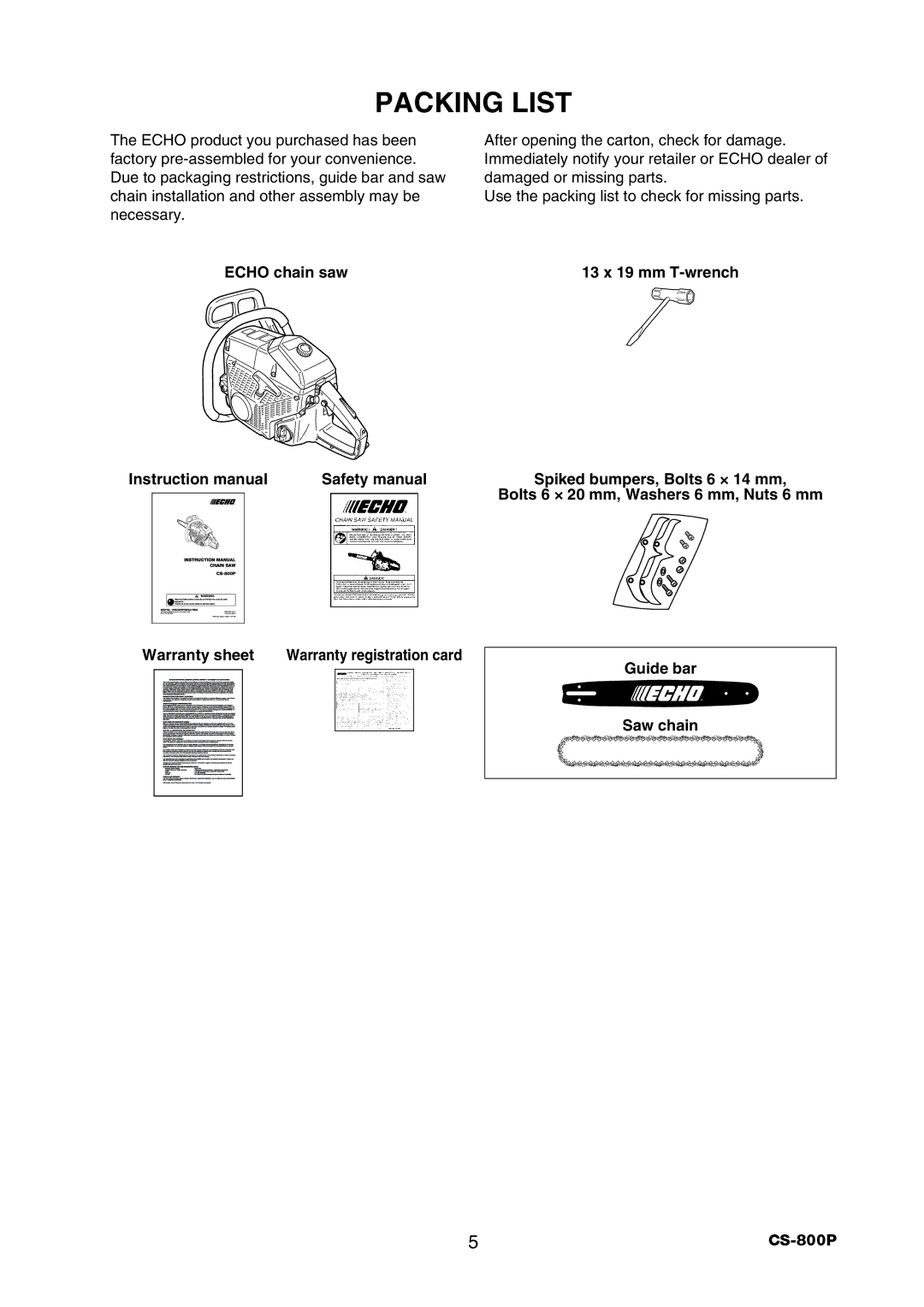 Echo instruction manual Packing List, Echo chain saw, Guide bar Saw chain CS-800P 