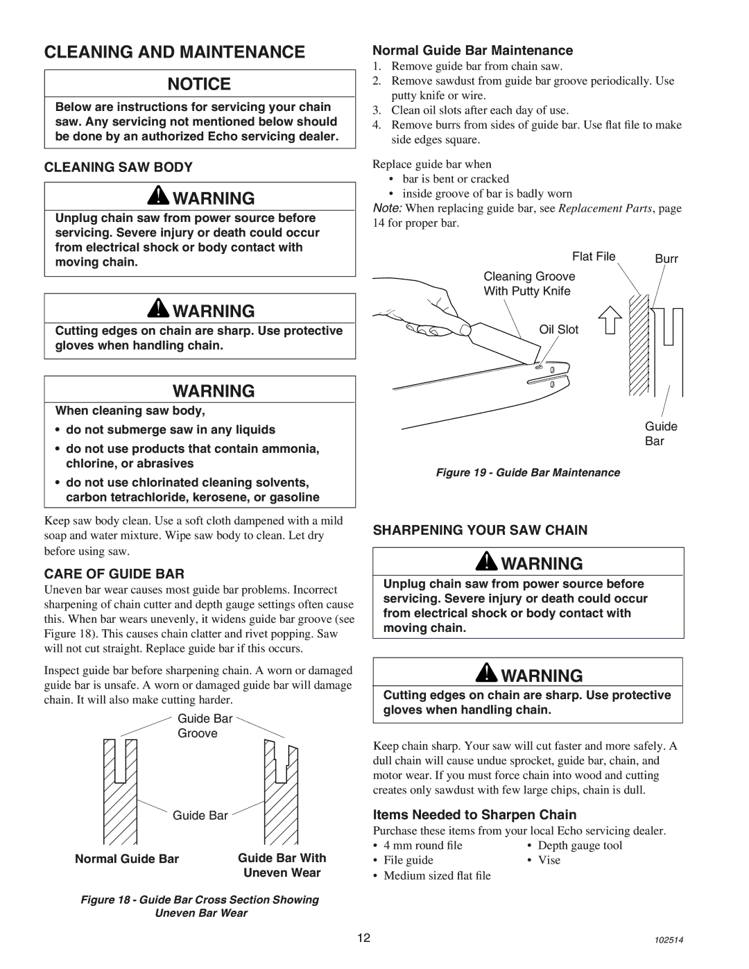 Echo ECS-2000 manual Cleaning and Maintenance, Cleaning SAW Body, Care of Guide BAR, Sharpening Your SAW Chain 