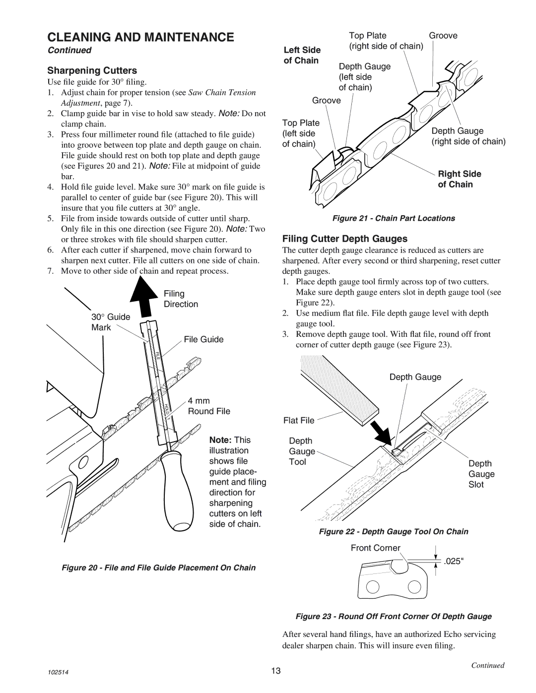 Echo ECS-2000 manual Sharpening Cutters, Filing Cutter Depth Gauges, Right side of chain, Depth Gauge Flat File Tool Slot 