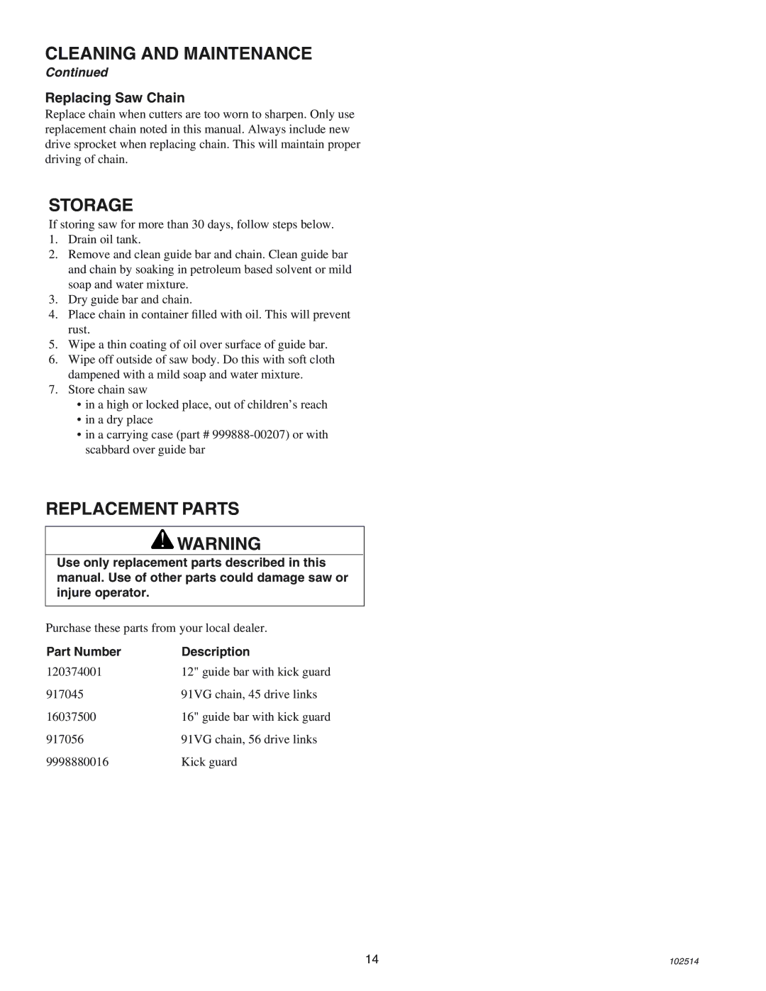 Echo ECS-2000 manual Storage, Replacement Parts, Replacing Saw Chain 