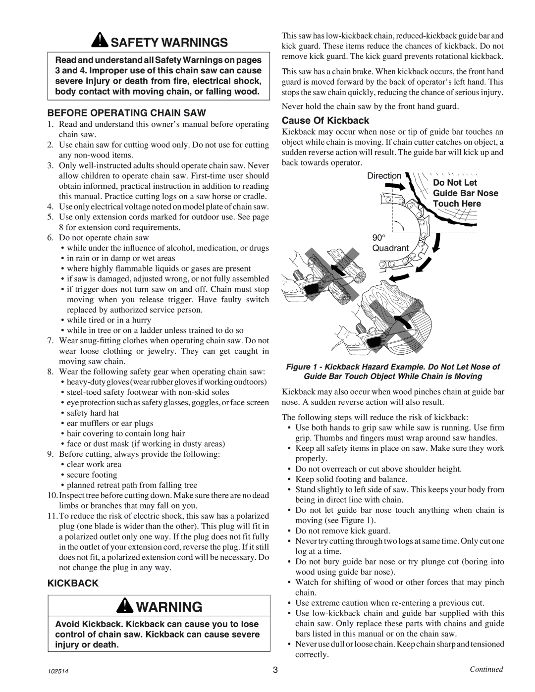 Echo ECS-2000 manual Safety Warnings, Before Operating Chain SAW, Cause Of Kickback 