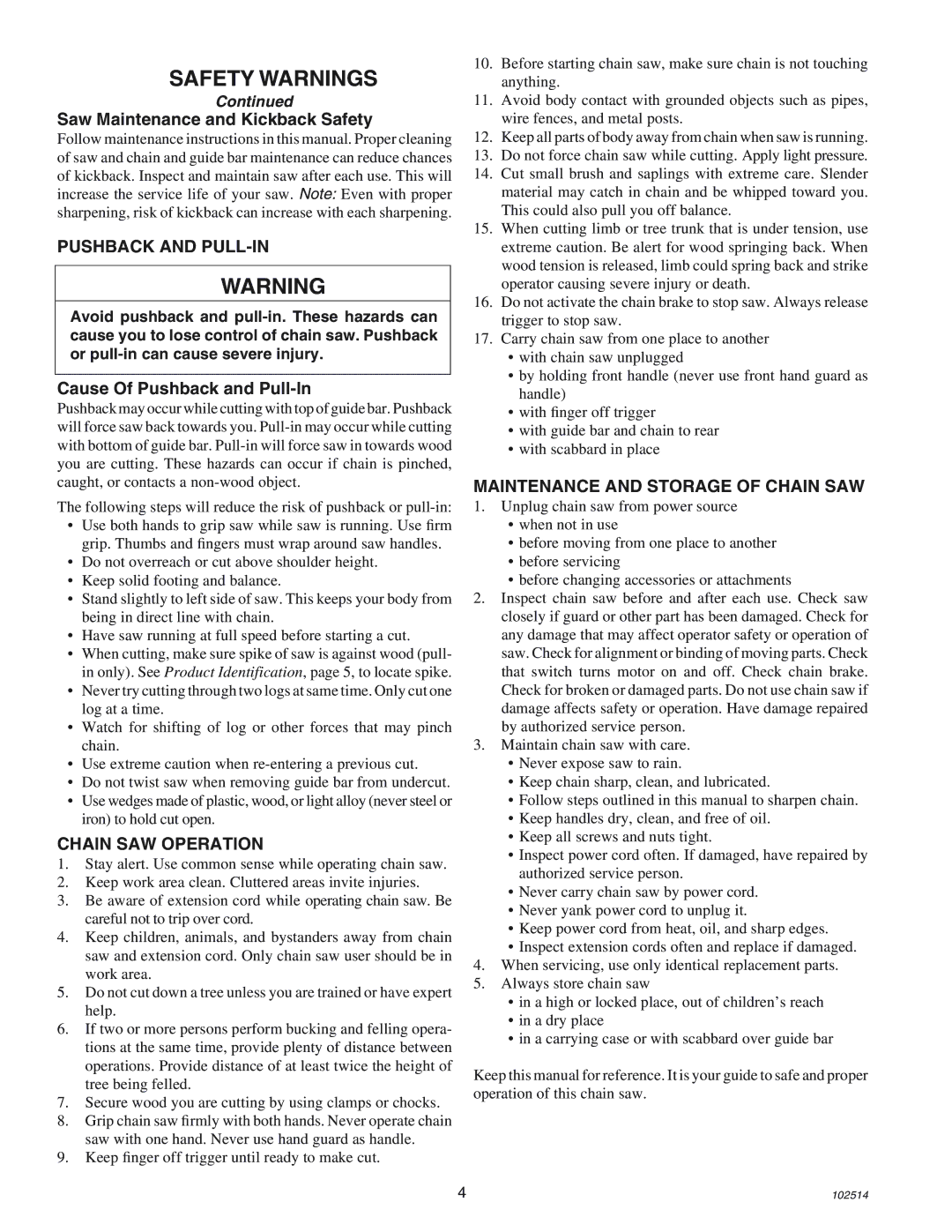 Echo ECS-2000 manual Saw Maintenance and Kickback Safety, Pushback and PULL-IN, Cause Of Pushback and Pull-In 