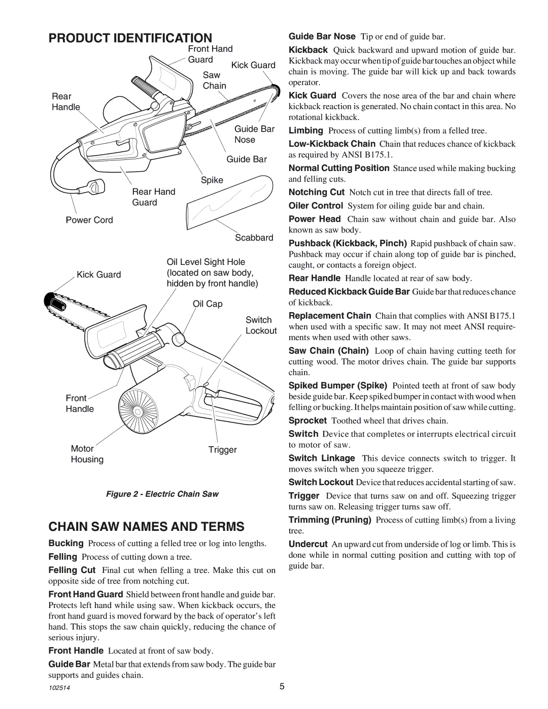 Echo ECS-2000 manual Product Identification, Chain SAW Names and Terms 