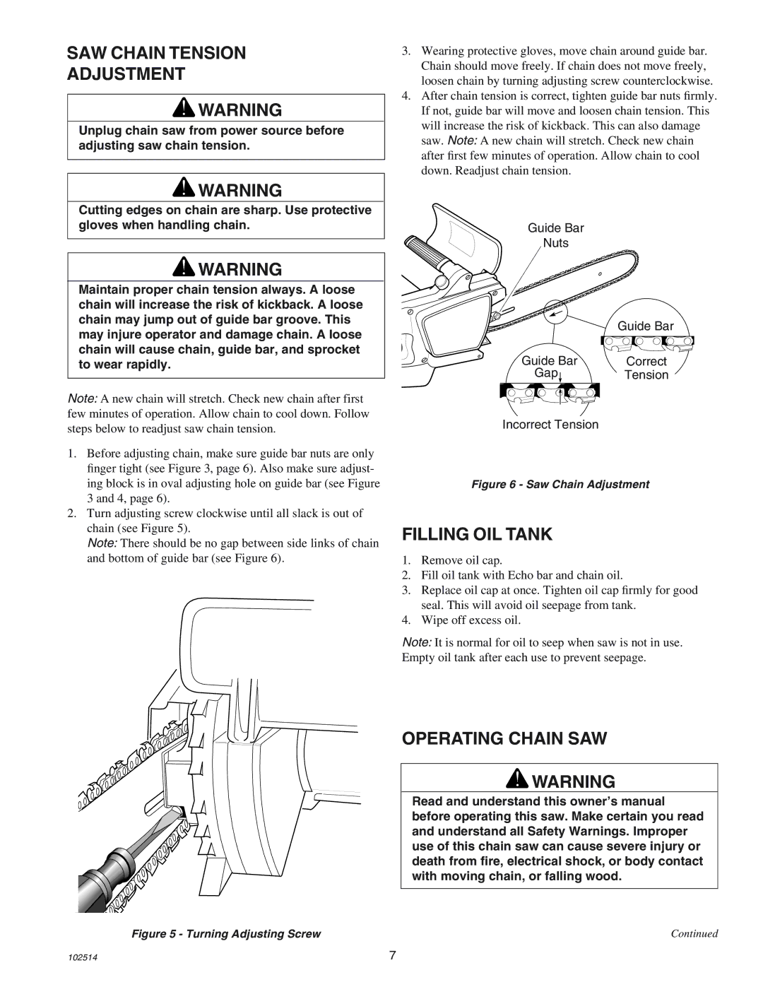 Echo ECS-2000 manual SAW Chain Tension Adjustment, Filling OIL Tank, Operating Chain SAW 