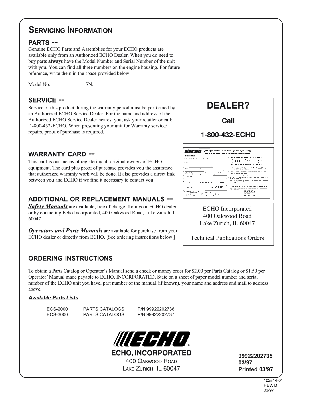 Echo ECS-2000 Dealer?, Call 1-800-432-ECHO, ECHO Incorporated 400 Oakwood Road, Echo, Incorporated, Service, Warranty Card 
