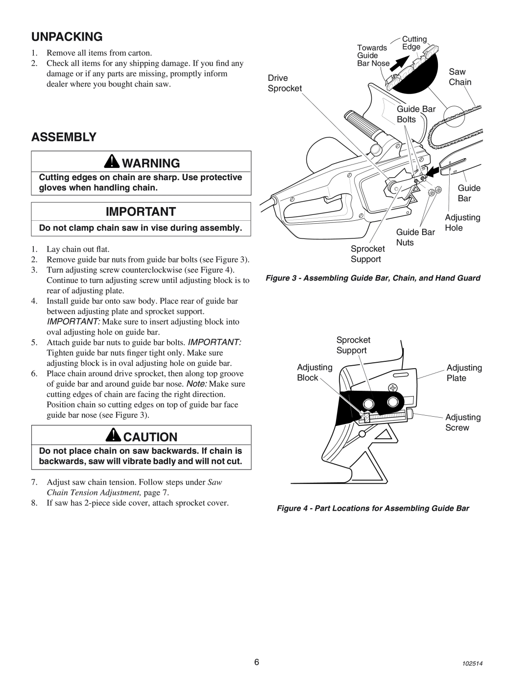 Echo ECS-2000 manual Unpacking, Assembly, Do not clamp chain saw in vise during assembly 