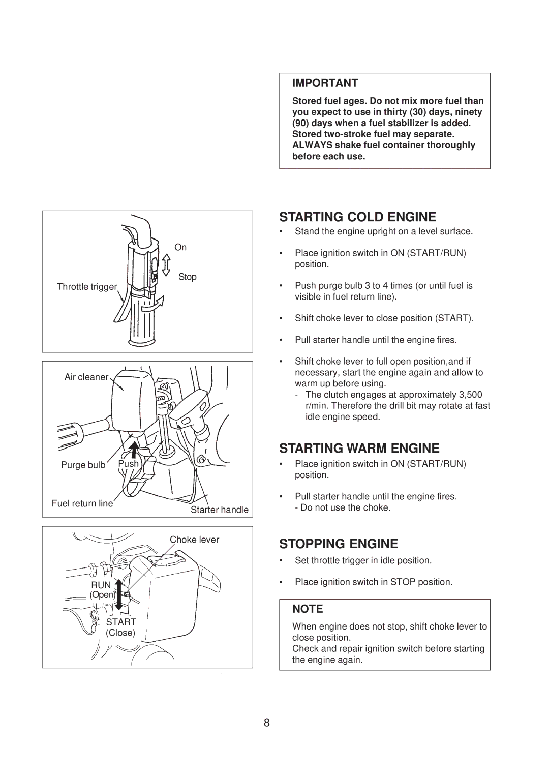 Echo ED-200 manual Starting Cold Engine, Starting Warm Engine, Stopping Engine 