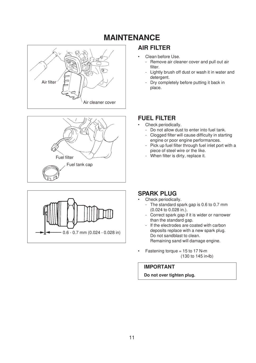 Echo ED-200 manual Maintenance, AIR Filter, Fuel Filter, Spark Plug 