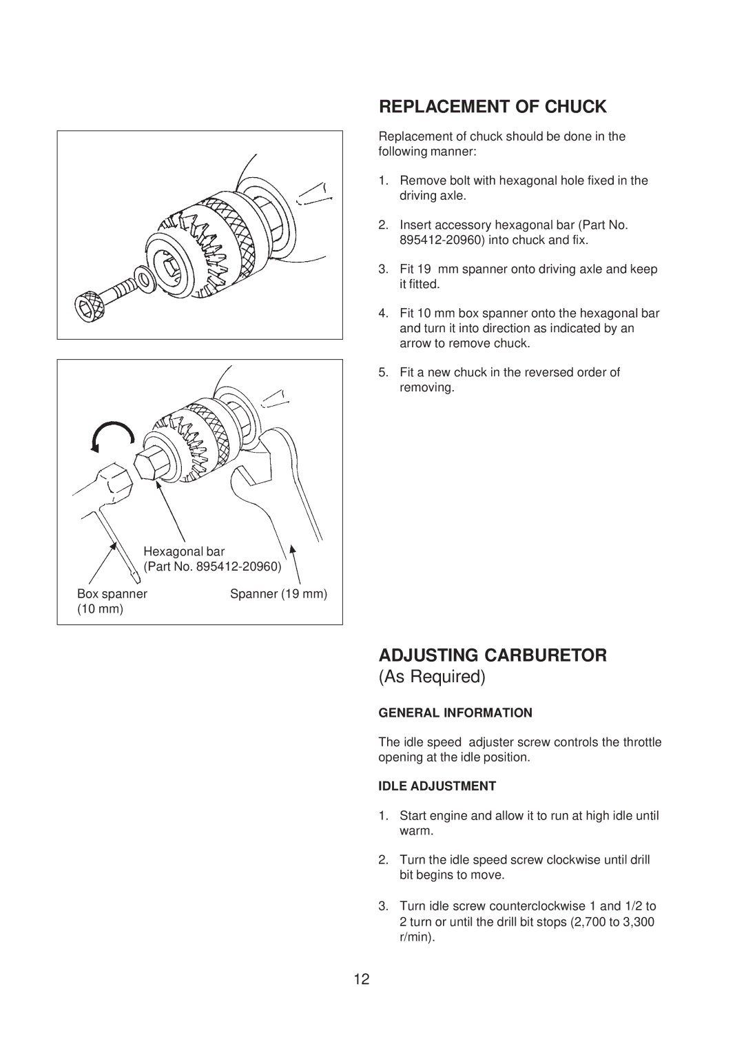 Echo ED-200 manual Replacement of Chuck, Adjusting Carburetor 