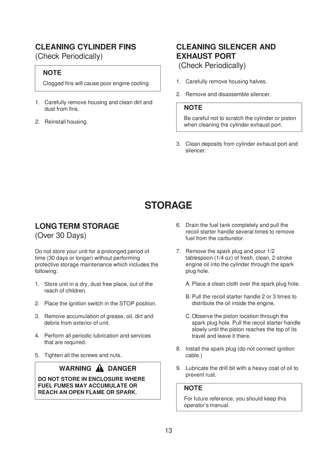 Echo ED-200 manual Cleaning Cylinder Fins, Cleaning Silencer and Exhaust Port, Long Term Storage 