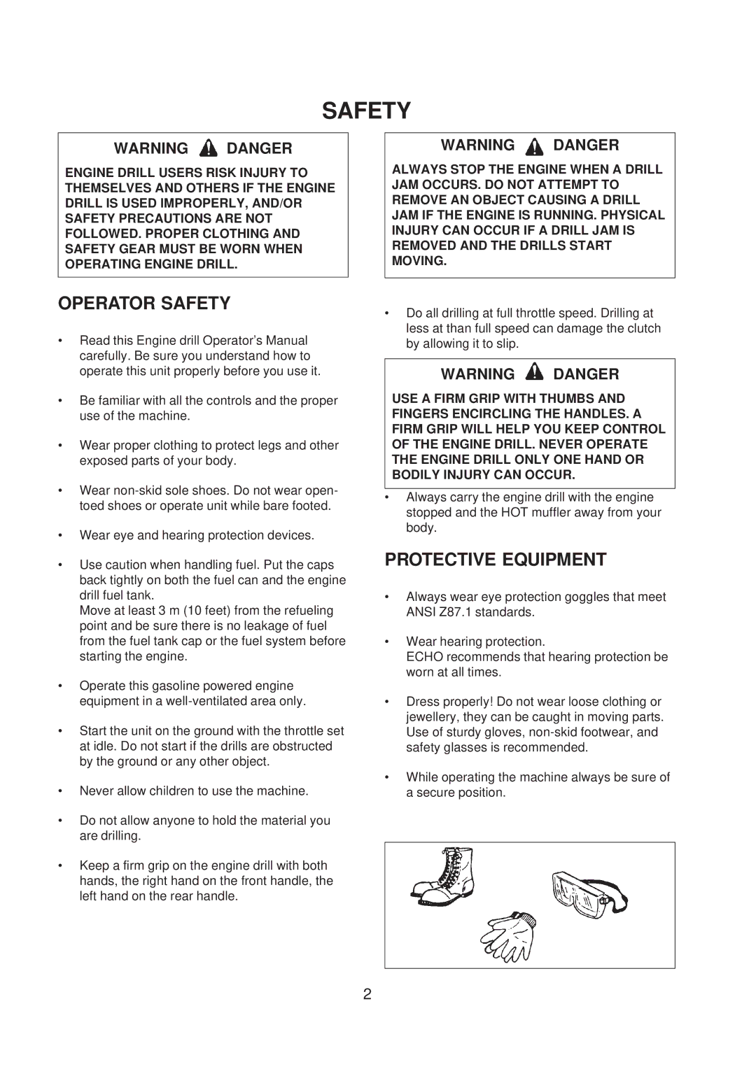 Echo ED-200 manual Operator Safety, Protective Equipment 