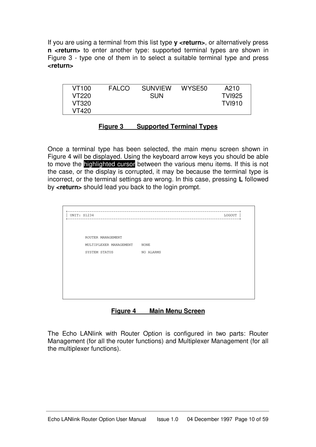 Echo EN55022 manual Return, Falco Sunview WYSE50, Supported Terminal Types 