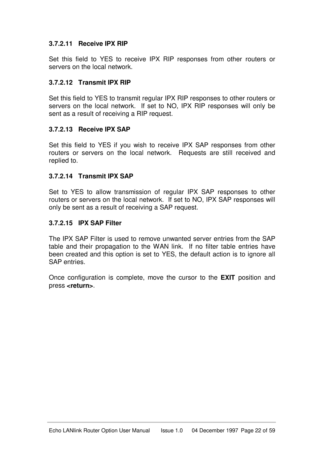 Echo EN55022 manual Receive IPX RIP, Transmit IPX RIP, Receive IPX SAP, Transmit IPX SAP, IPX SAP Filter 