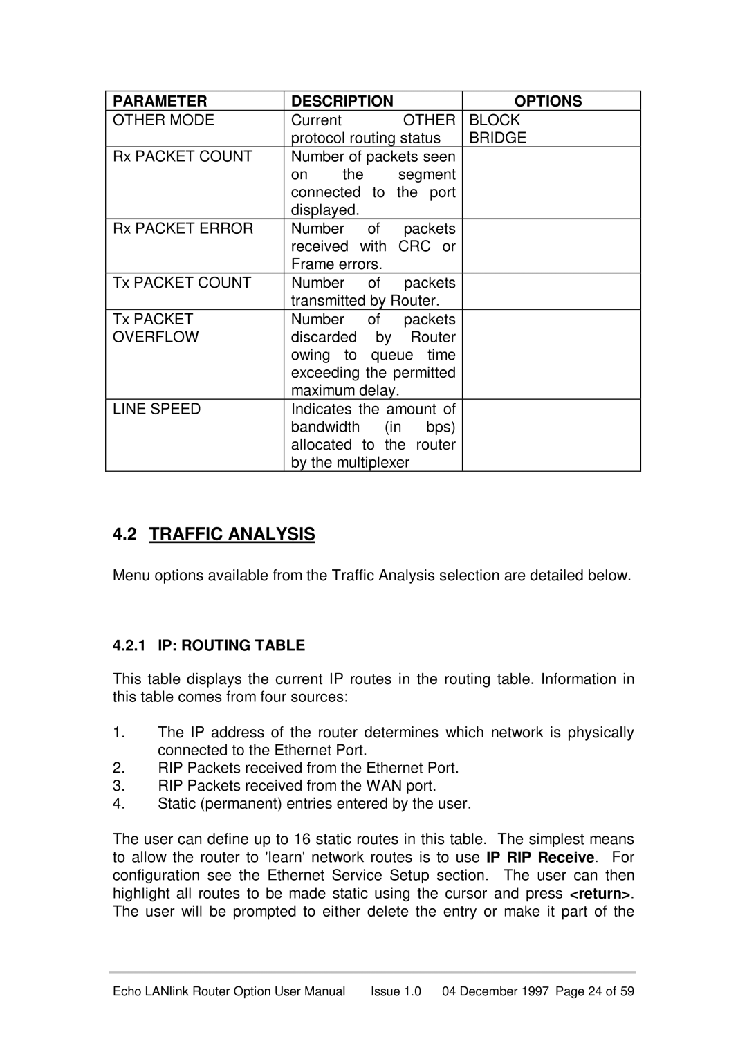 Echo EN55022 manual Traffic Analysis, IP Routing Table 