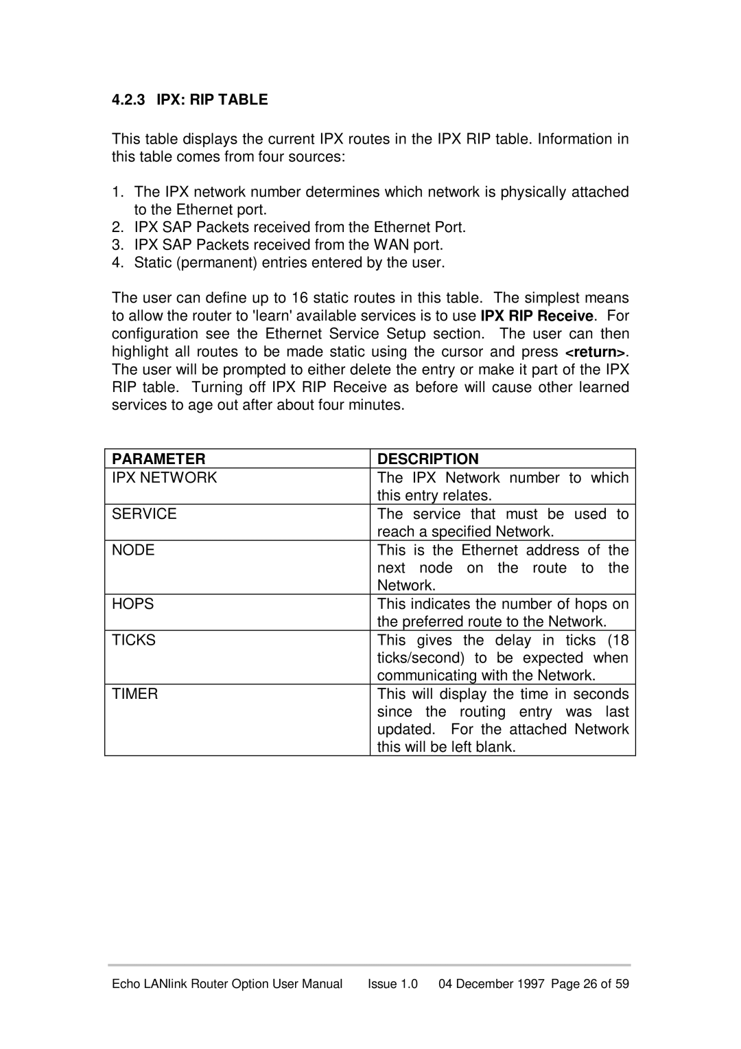 Echo EN55022 manual IPX RIP Table, IPX Network, Node, Hops, Ticks 