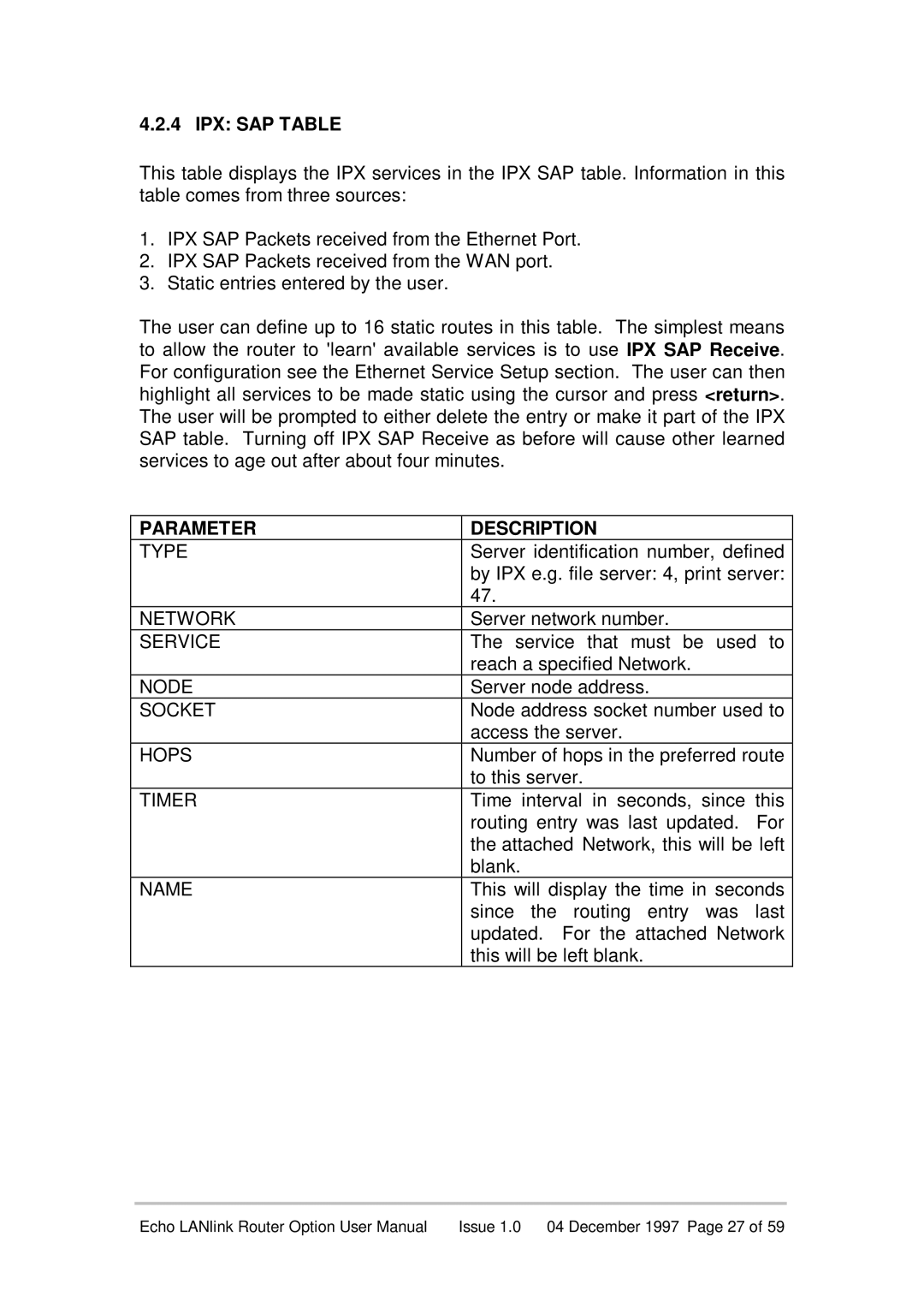 Echo EN55022 manual IPX SAP Table, Type, Socket 