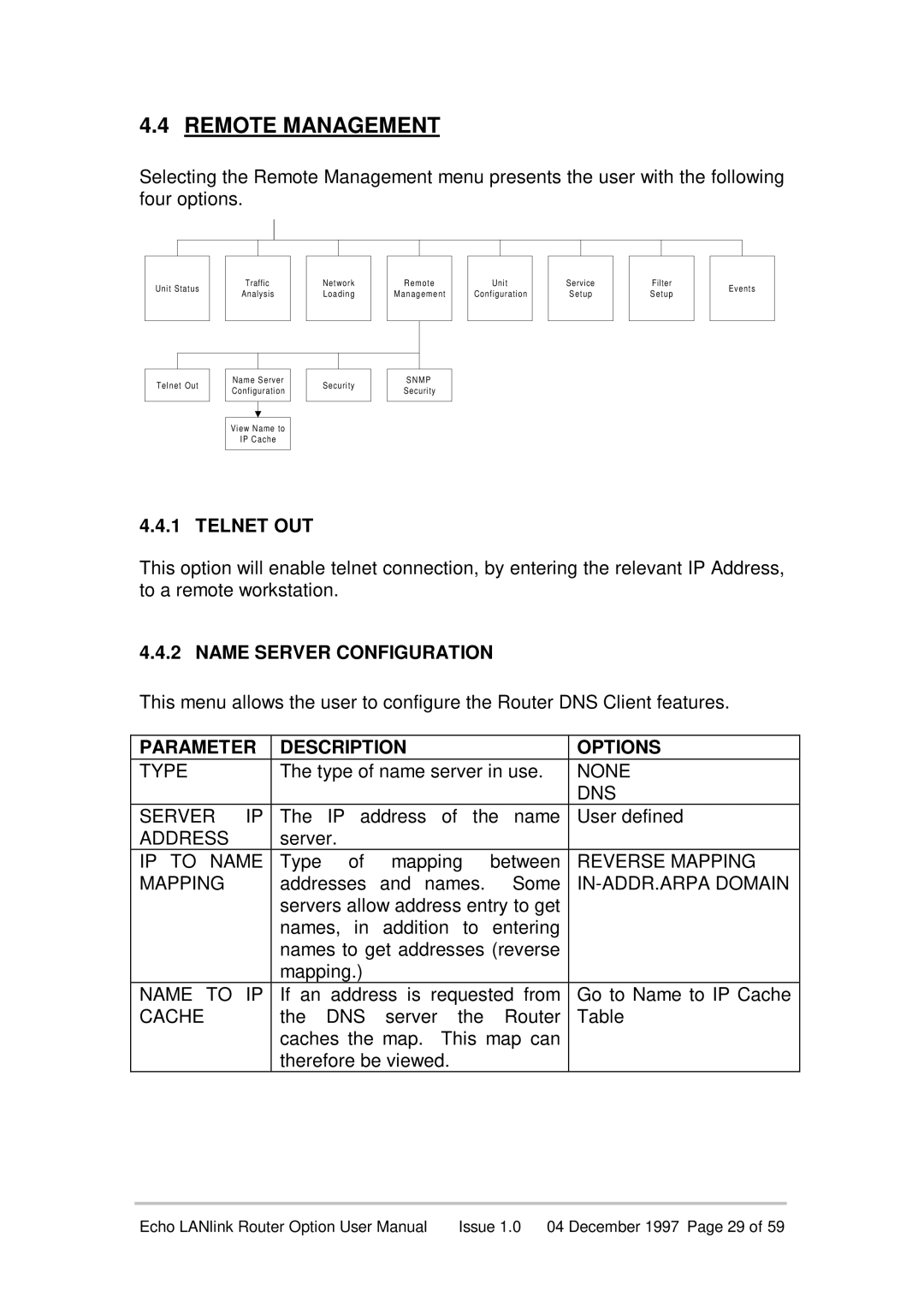 Echo EN55022 manual Remote Management, Telnet OUT, Name Server Configuration 