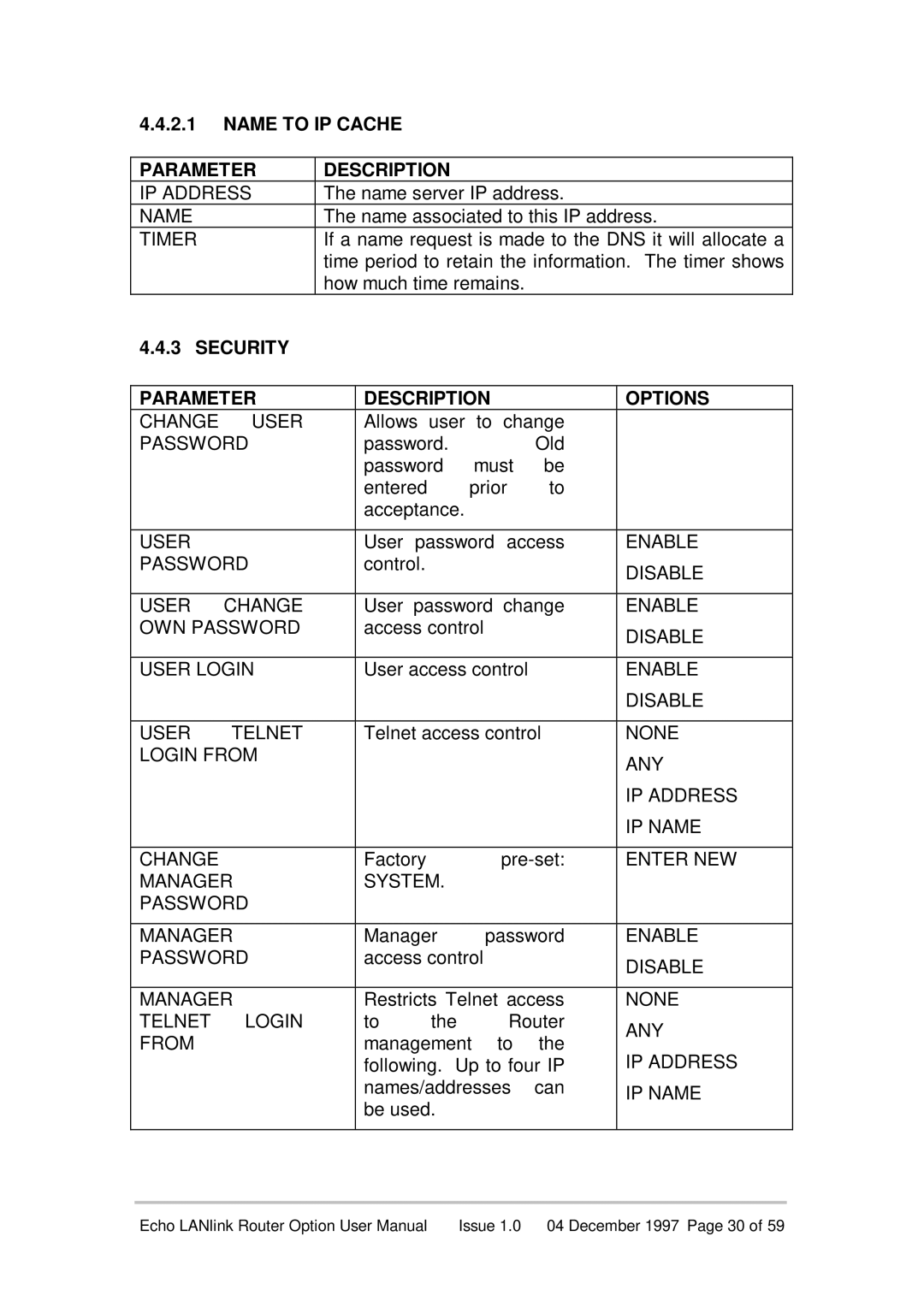 Echo EN55022 manual Name to IP Cache Parameter Description, Security Parameter Description Options 