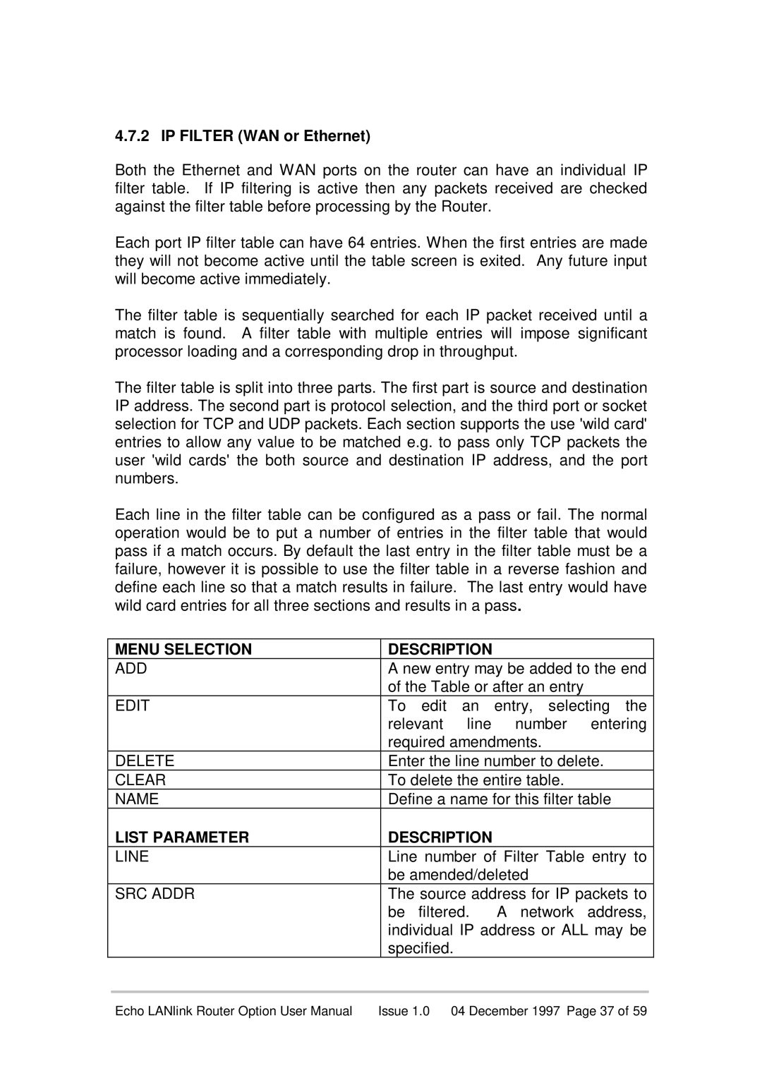 Echo EN55022 manual IP Filter WAN or Ethernet, Edit, List Parameter Description, Line, SRC Addr 