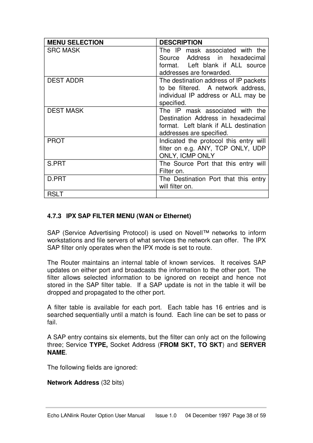 Echo EN55022 manual IPX SAP Filter Menu WAN or Ethernet, Network Address 32 bits 