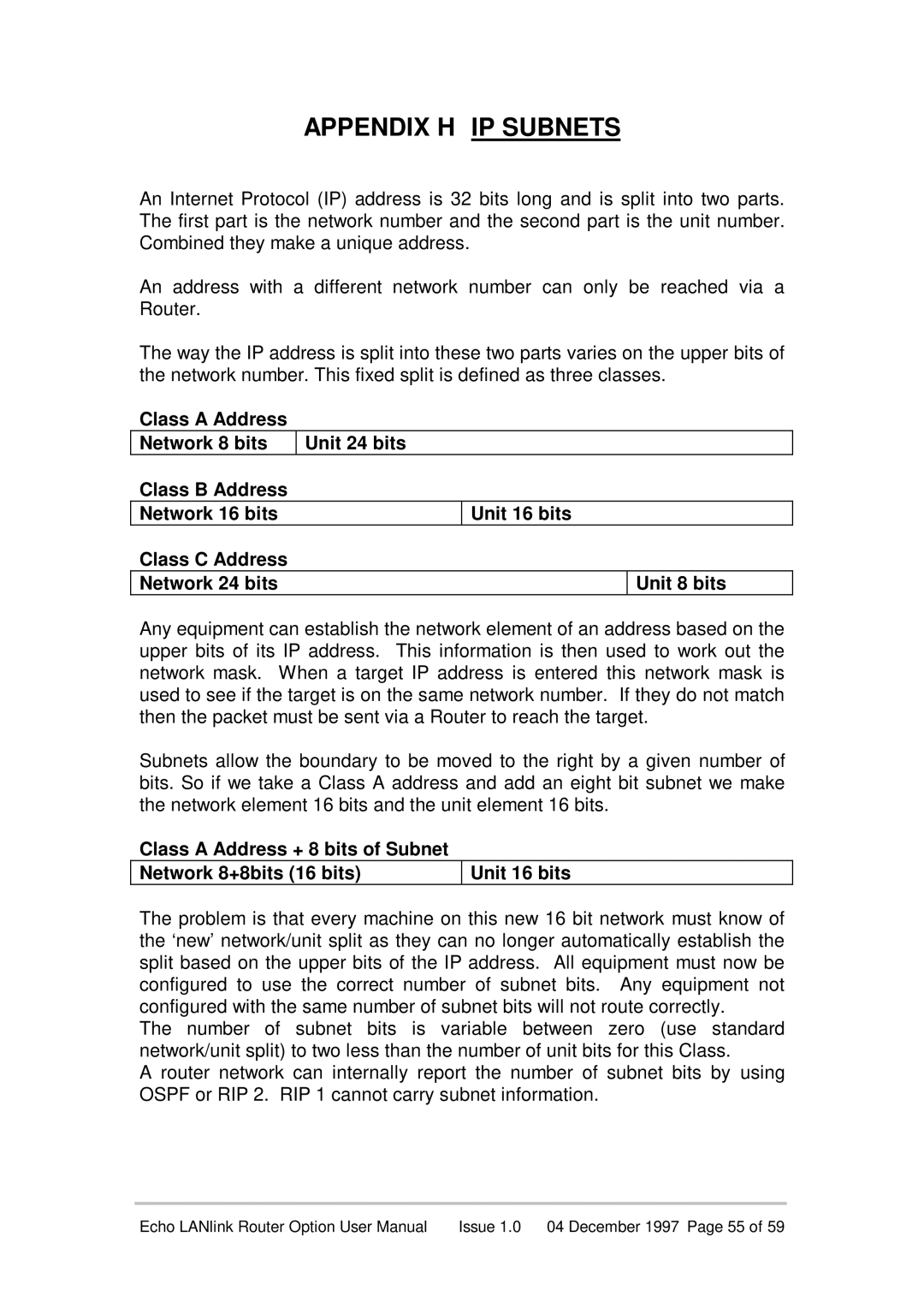 Echo EN55022 manual Appendix H IP Subnets 