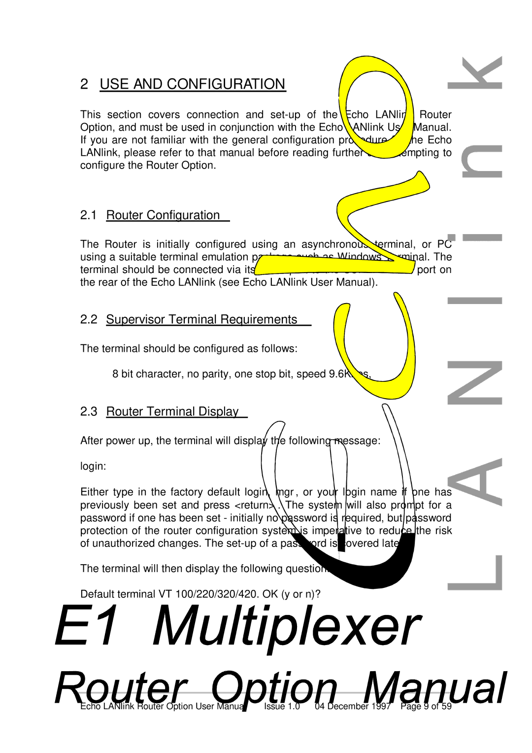 Echo EN55022 USE and Configuration, Router Configuration Supervisor Terminal Requirements, Router Terminal Display, Login 