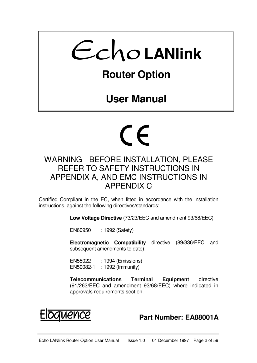 Echo EN55022 Router Option User Manual, Part Number EA88001A, 5SXLANlink, Appendix A, And Emc Instructions In Appendix C 