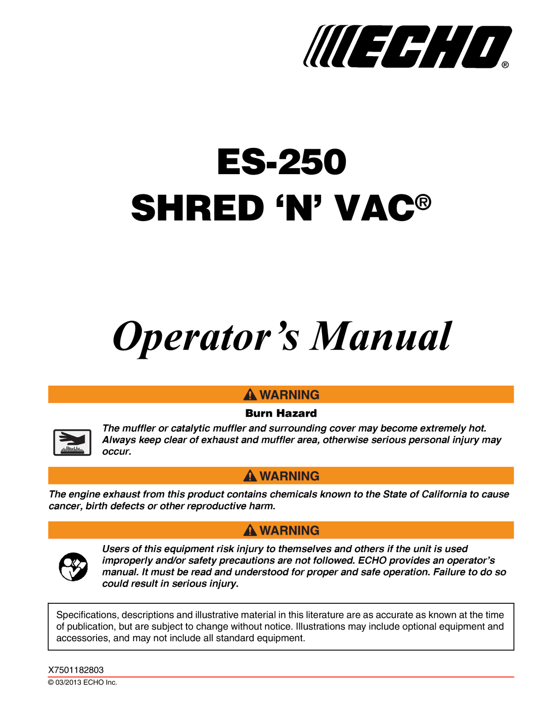 Echo ES-250 specifications Operator’s Manual, Burn Hazard 