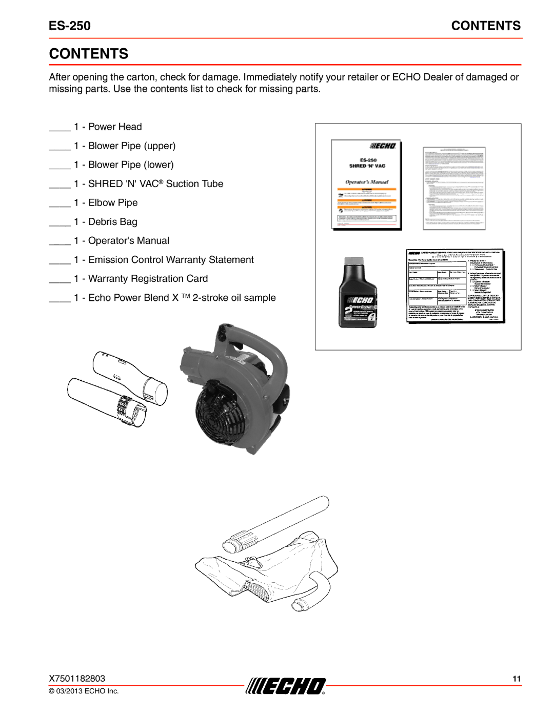 Echo ES-250 specifications Contents 