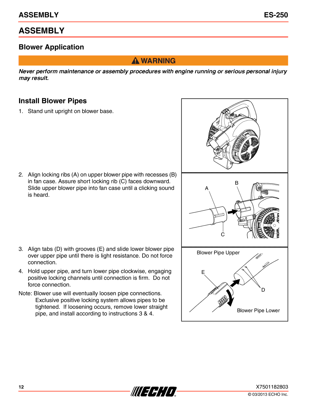 Echo ES-250 specifications Assembly, Blower Application, Install Blower Pipes 