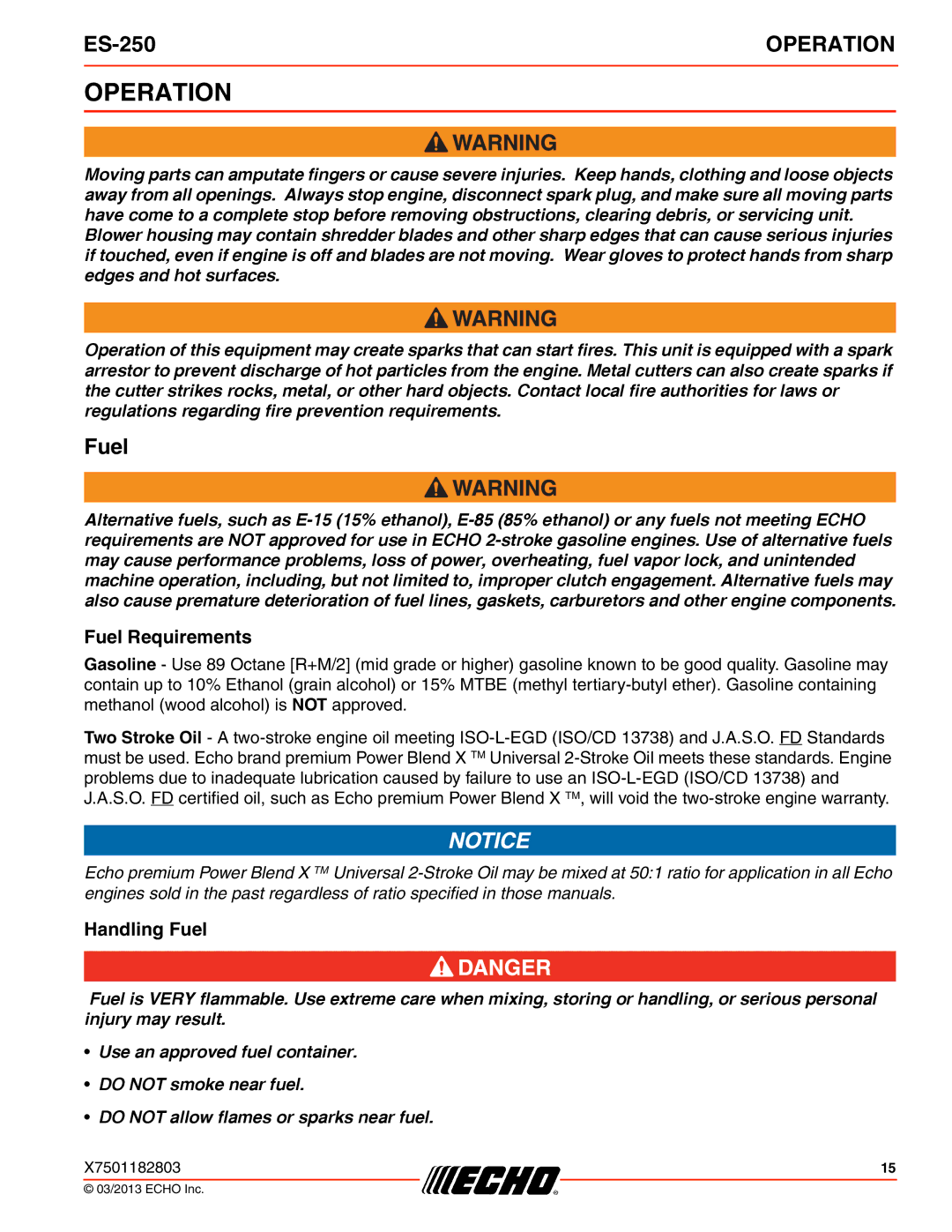 Echo ES-250 specifications Operation, Fuel Requirements, Handling Fuel 