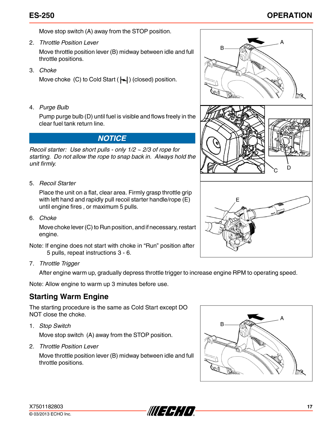 Echo ES-250 specifications Starting Warm Engine, Throttle Trigger 