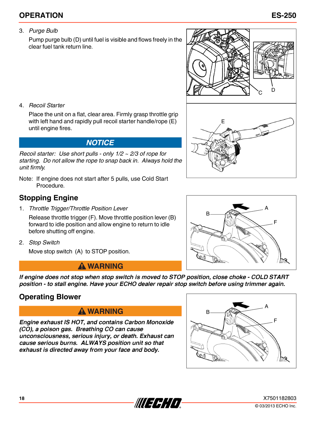 Echo ES-250 specifications Stopping Engine, Operating Blower 