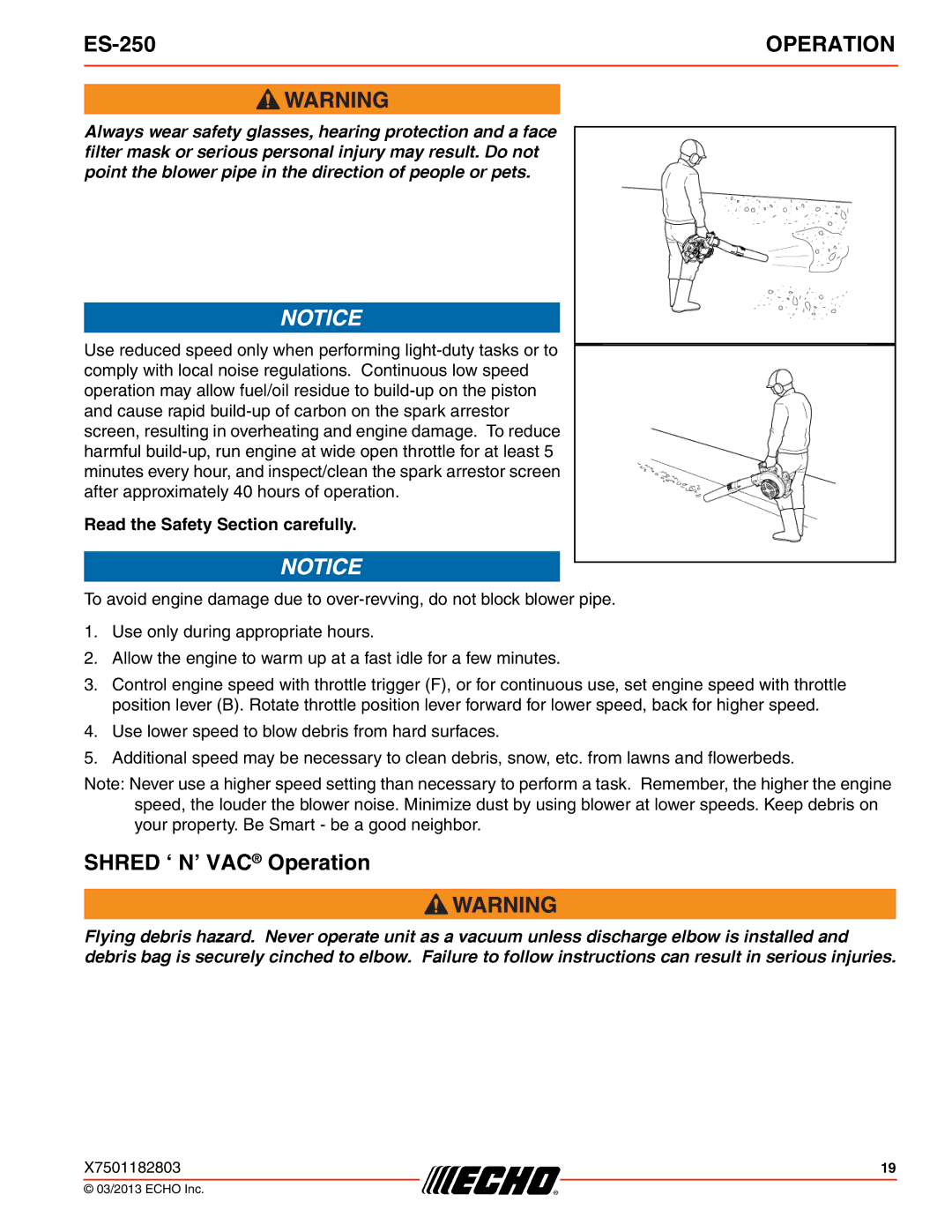 Echo ES-250 specifications Shred ‘ N’ VAC Operation, Read the Safety Section carefully 