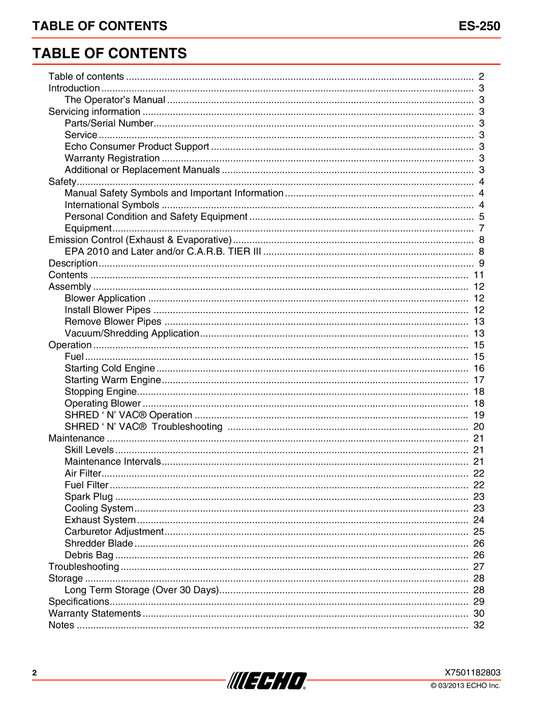 Echo ES-250 specifications Table of Contents 