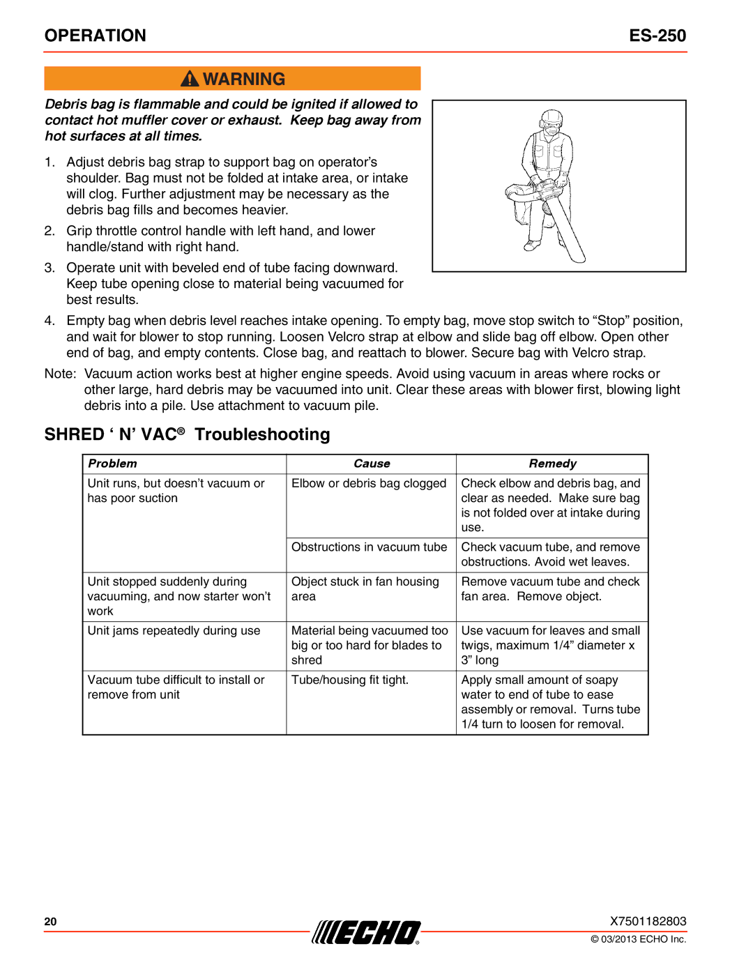 Echo ES-250 specifications Shred ‘ N’ VAC Troubleshooting, Problem Cause Remedy 