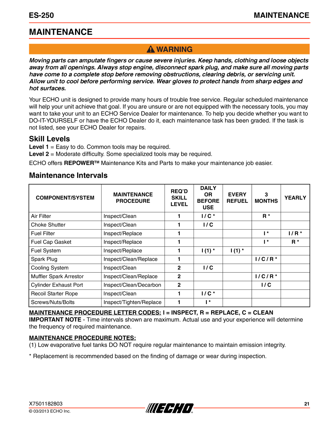 Echo ES-250 specifications Skill Levels, Maintenance Intervals 